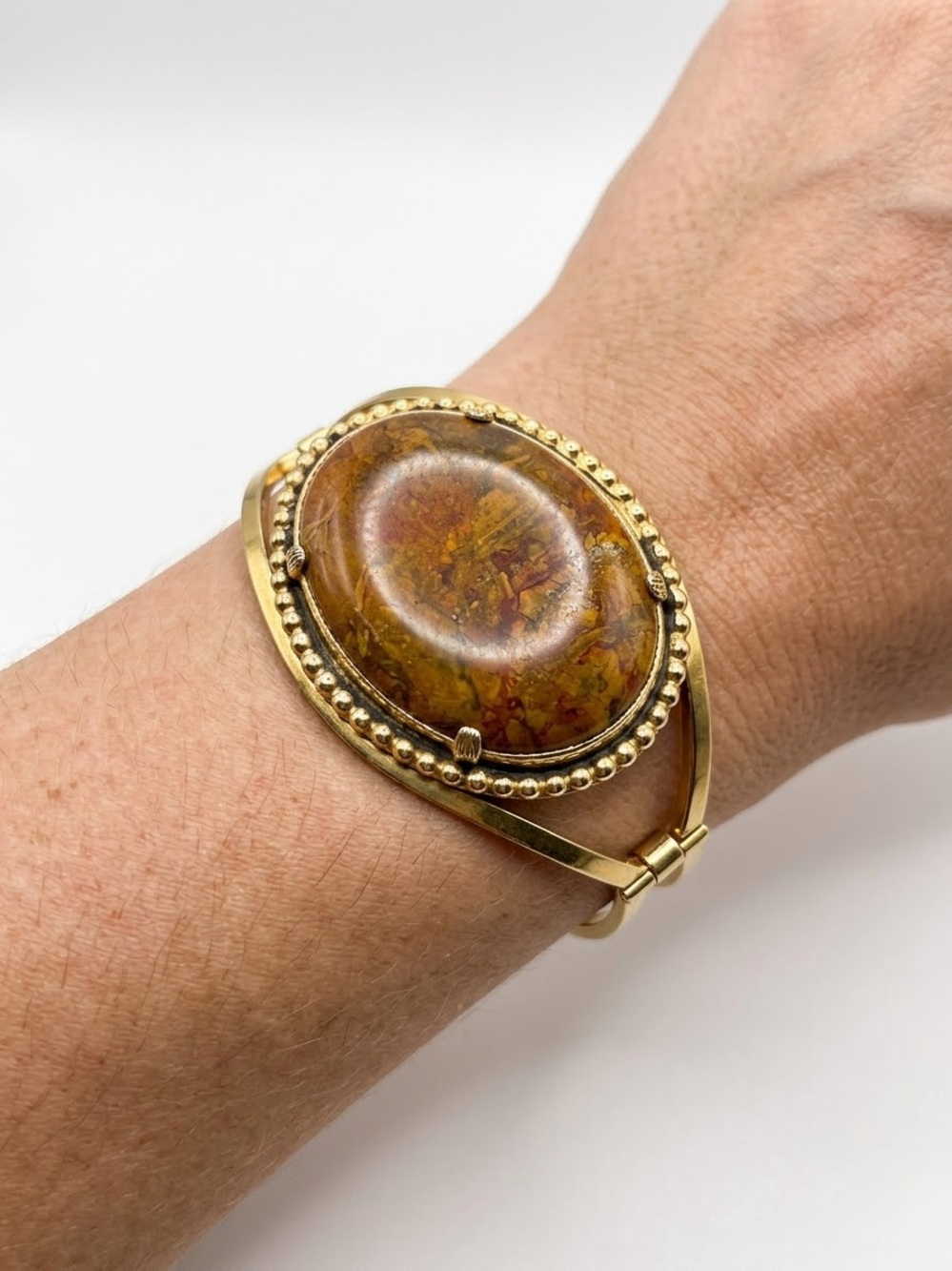 Gold-Tone Brown Jasper Stone Cuff Bracelet